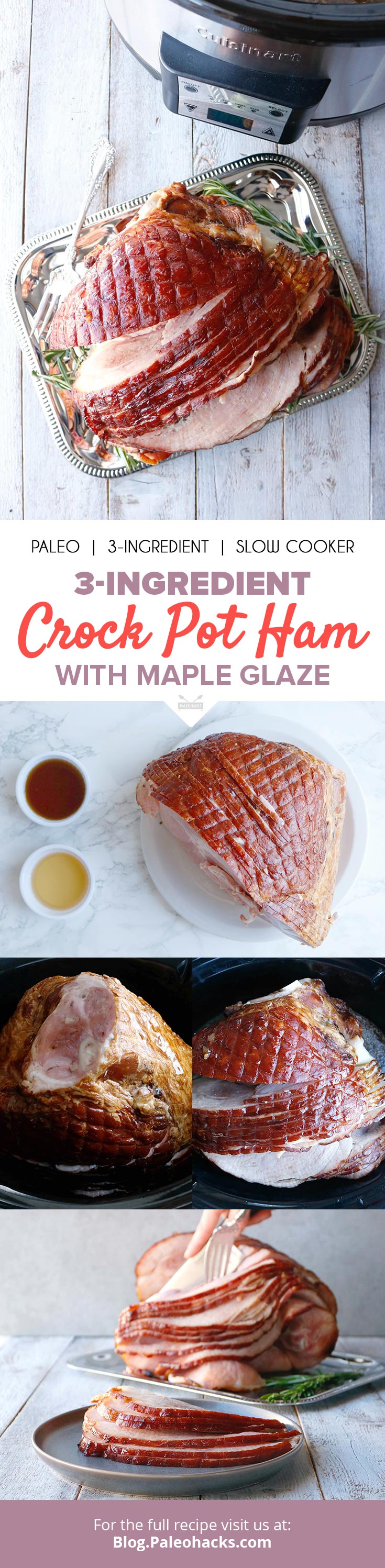 With a sweet n’ tangy maple syrup and apple cider vinegar glaze, this 3-ingredient slow-cooker ham will make your holiday hassle-free.