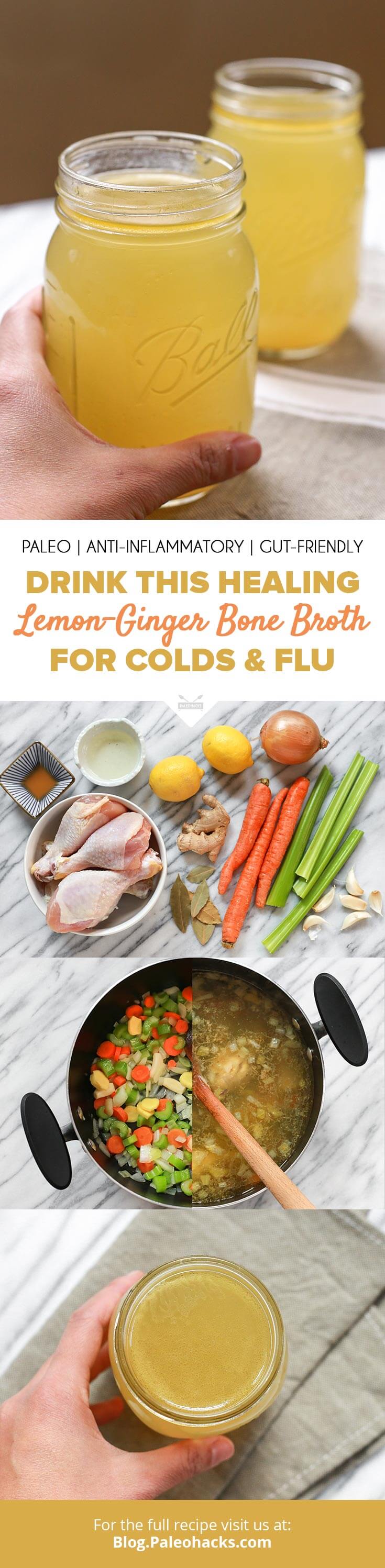 Drink this lemon ginger bone broth to stay healthy all winter long. Healthy and comforting, chicken broth boasts a generous amount of natural gelatin.