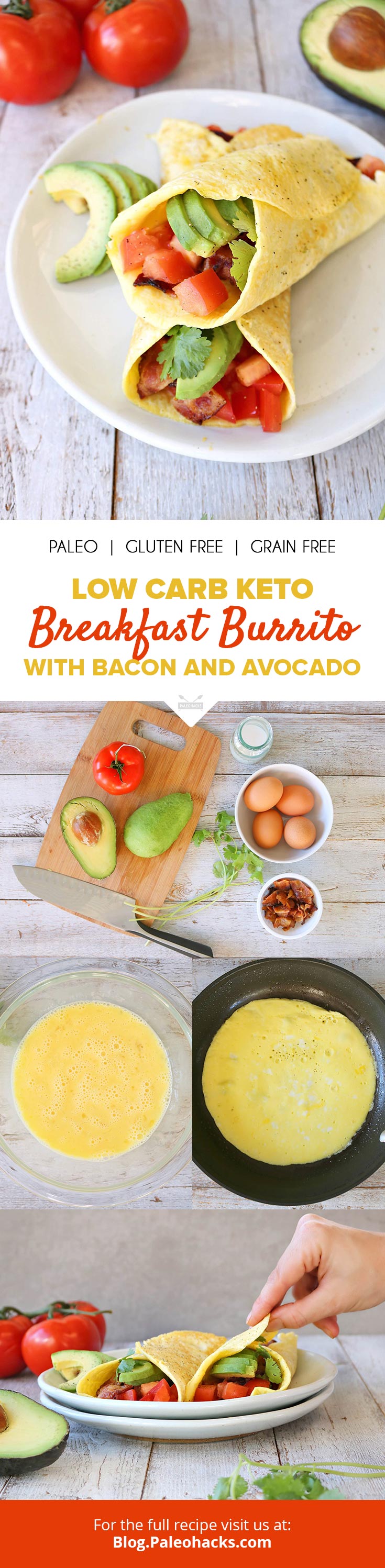 Bacon, tomato, and avocado get rolled up in a protein-rich eggy patty for a gluten-free breakfast burrito.