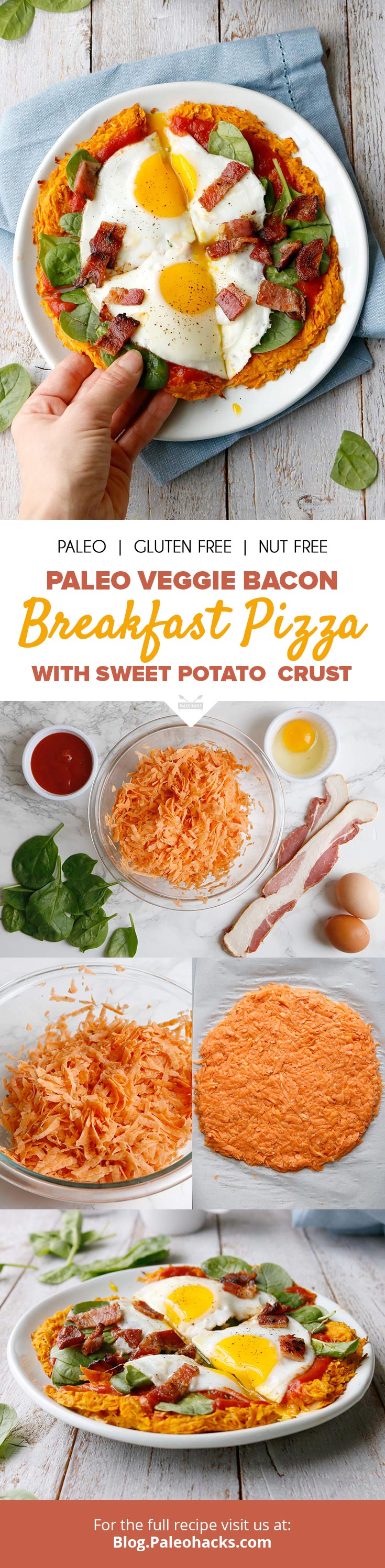 Enjoy pizza for breakfast with this egg, spinach and bacon pie served on a sweet potato crust.