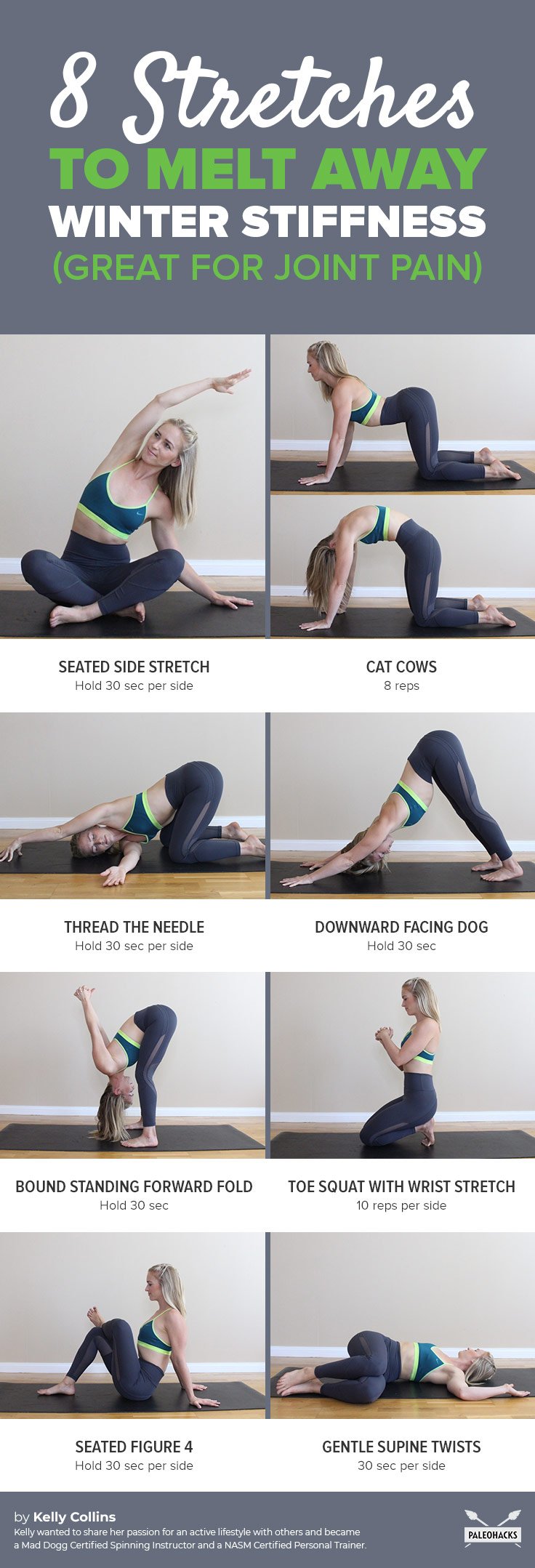 Does your joint pain and stiffness seem to get worse with bad weather? If you are feeling stiff this winter, use these eight easy stretches to loosen up.
