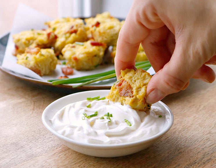 Mashed cauliflower stands in for the potatoes in this bacon-loaded munchie! Serve your cauliflower bites hot with Paleo sour cream for full-on goodness.