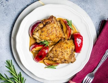 Chicken thighs get marinated in a simple blend of mustard and herbs, then braised for a super tender, fall-off-the-bone recipe.