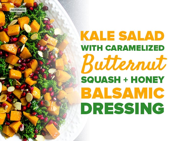Tender kale greens get tossed with caramelized butternut squash for a hearty salad filled with nourishing ingredients.