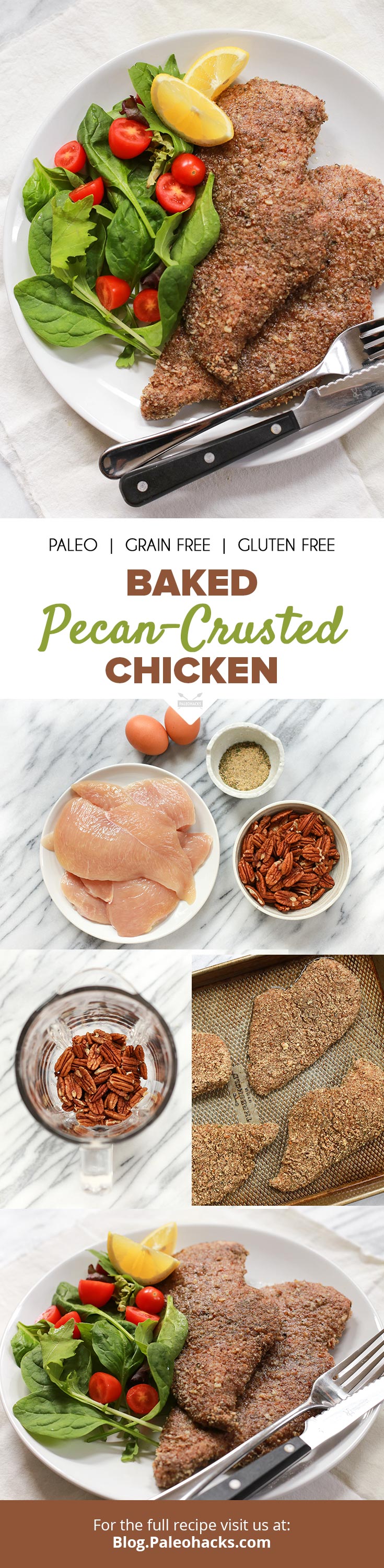 Thinly sliced chicken breasts get coated in a seasoned pecan mix and baked for a crispy chicken dinner.