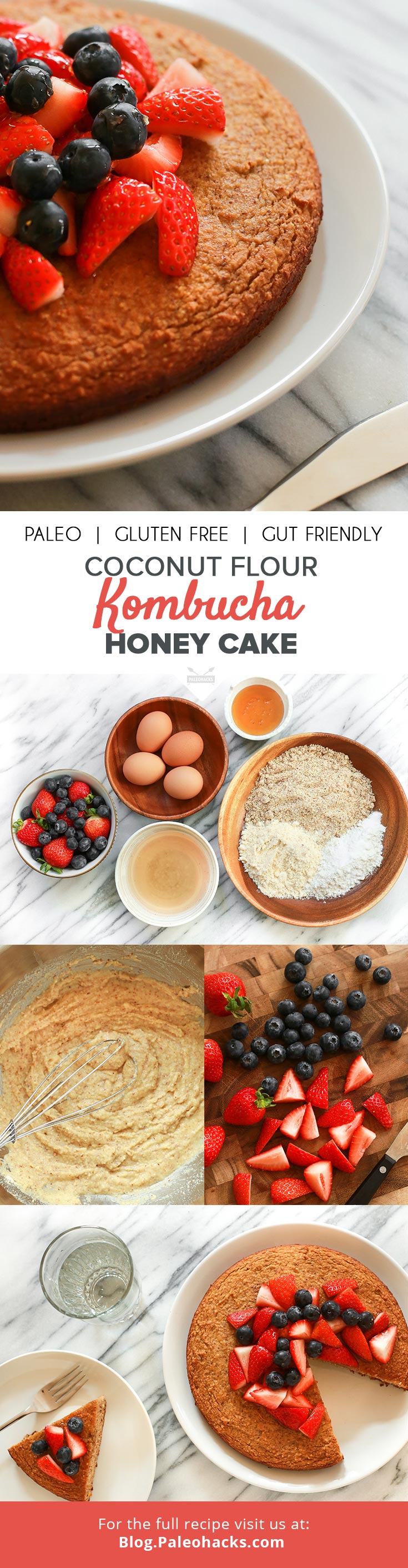 Dig into this sweet kombucha cake topped with fresh berries and honey for a Paleo-friendly dessert.
