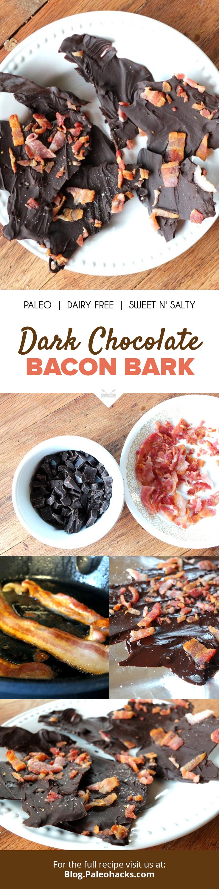  knapperig en zout spek en zoete, rijke donkere chocolade zijn een match gemaakt in de hemel in dit Paleo-vriendelijke bacon bark recept.