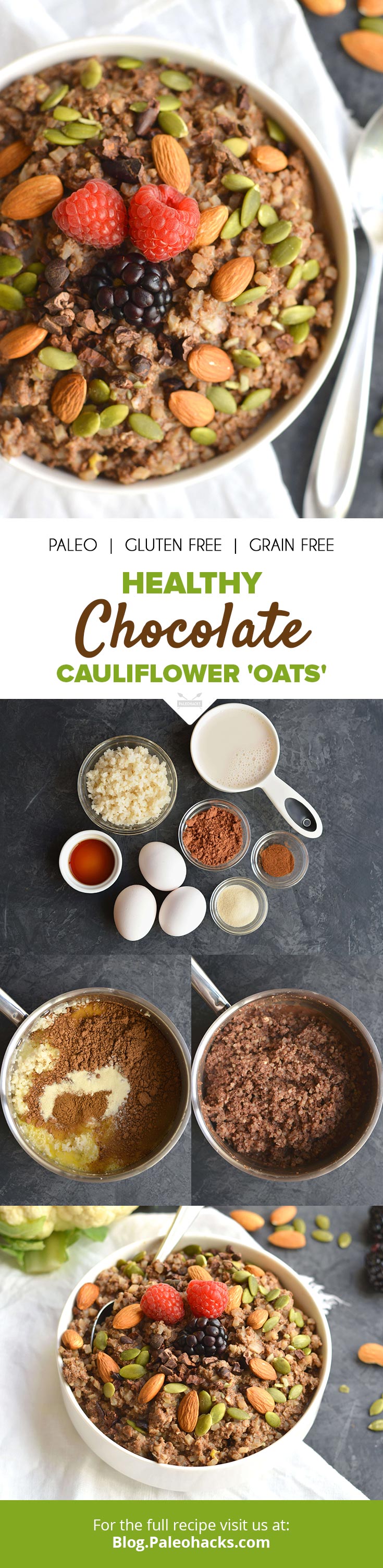 Start your day with a warm bowl of Paleo chocolate cauliflower 'oats' that taste like chocolate pudding.