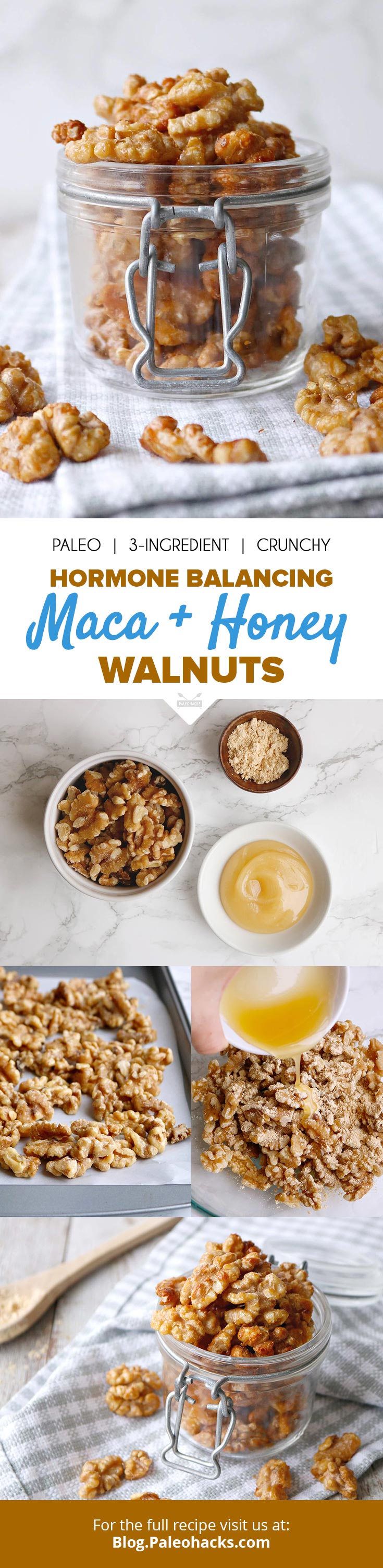 Satisfy a snack craving with these sweet, 3-ingredient honey roasted maca walnuts! This recipe is easy to make in large batches ahead of time.