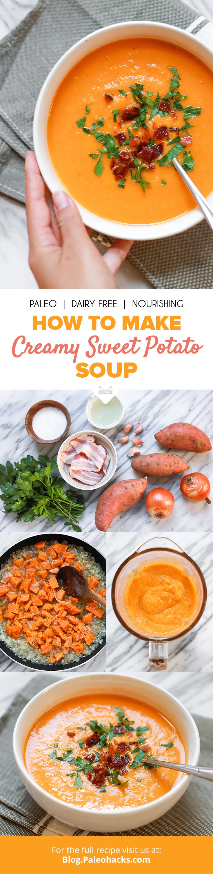 This creamy sweet potato soup with crumbled bacon tastes like a loaded baked potato in a bowl.