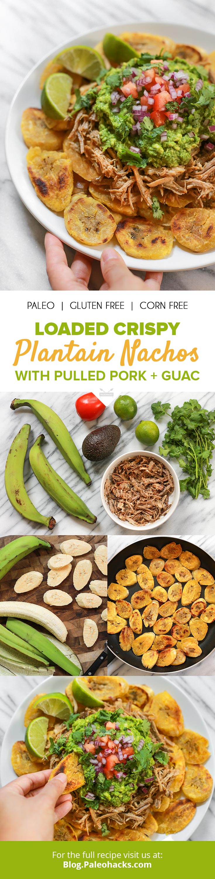 For a Paleo twist on nachos, dig into these crispy plantain slices topped with pulled pork and guacamole.