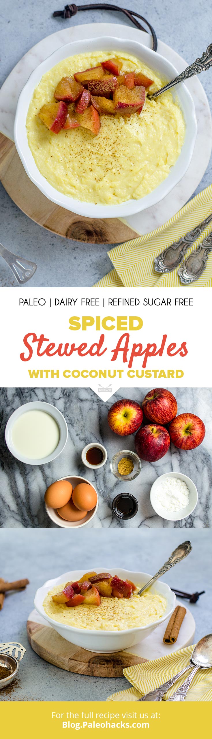Creamy, dairy-free coconut custard is topped with warm stewed apple slices for a light and healthy dessert.