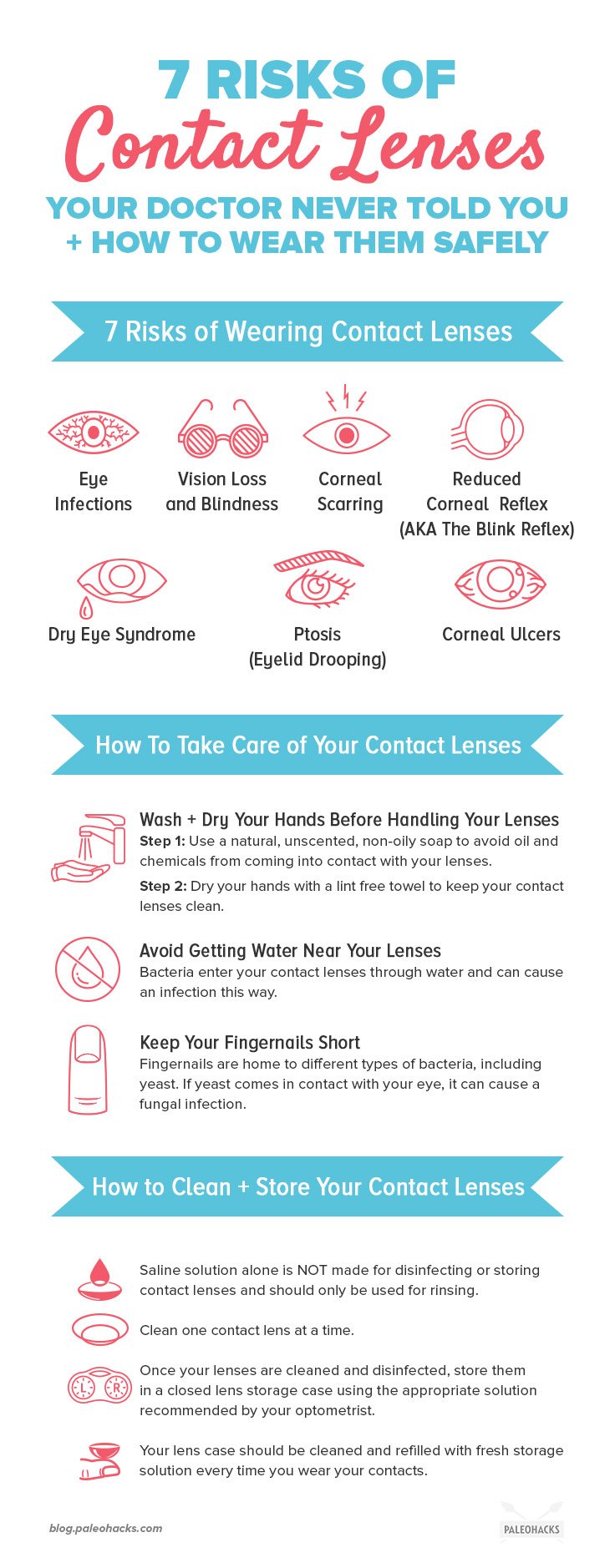 Here are seven big risks that come with wearing contact lenses, and tips on how to safely clean, store and wear contact lenses.