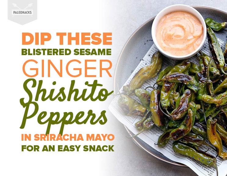 To bring out the flavor of the Shishito peppers, this easy recipe tosses them in a sweet and salty sauce made from toasted sesame seed oil, coconut aminos and fresh ginger.
