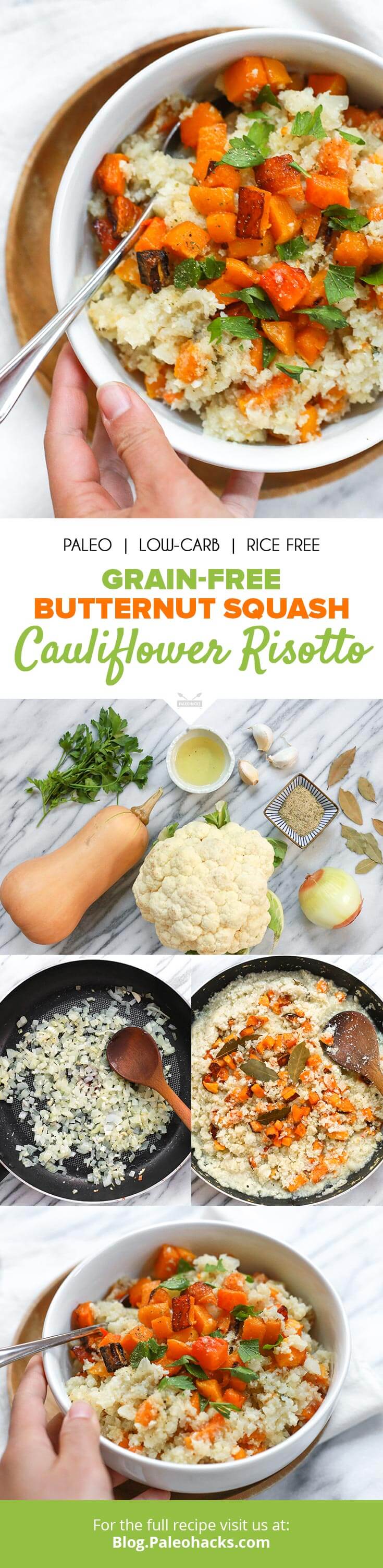 Cauliflower rice slowly simmers in cozy seasonings for an aromatic grain-free risotto topped with roasted butternut squash.
