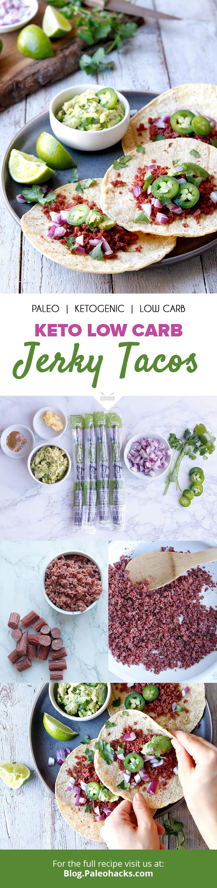 Chow down on these keto tacos filled with jalapeño-spiced beef jerky. To keep this recipe keto-friendly, serve the taco fillings on a keto “tortilla”.