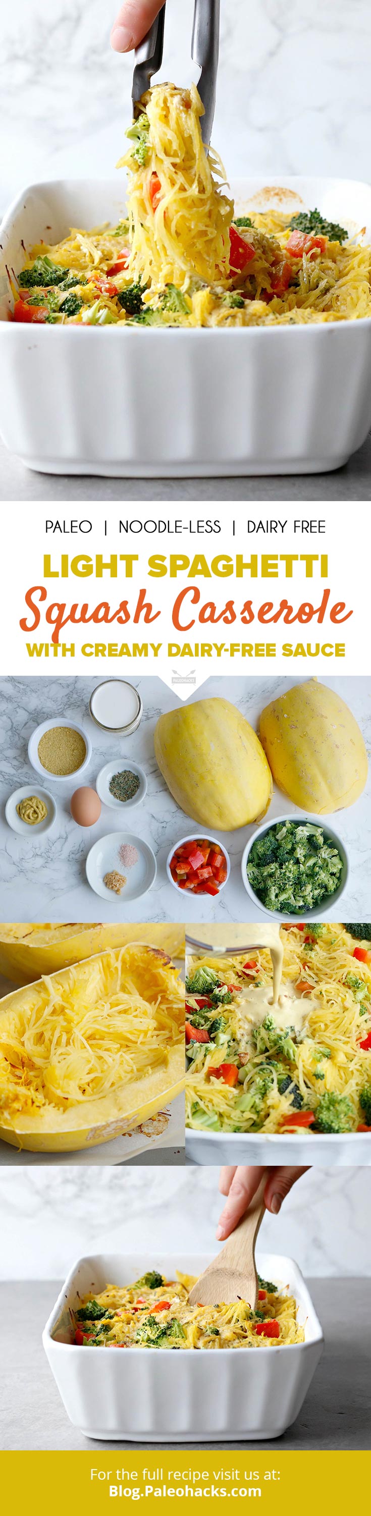 Smothered in a dairy-free cream sauce, this vegetarian spaghetti squash casserole makes for a crowd-pleasing meatless dinner.
