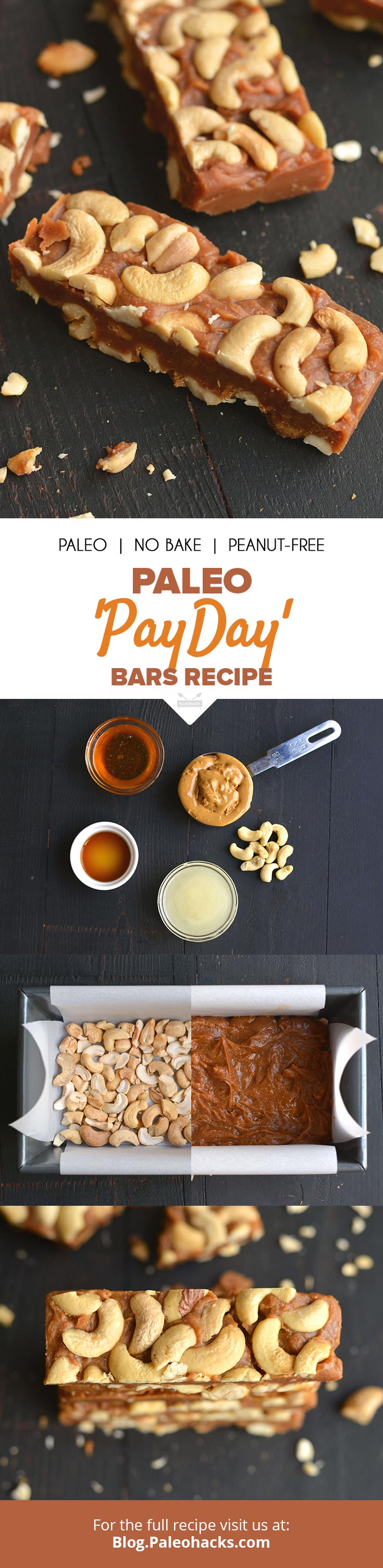 Nutty Paleo Payday Bars are made with cashews and creamy nut butter for a salty, chewy treat.