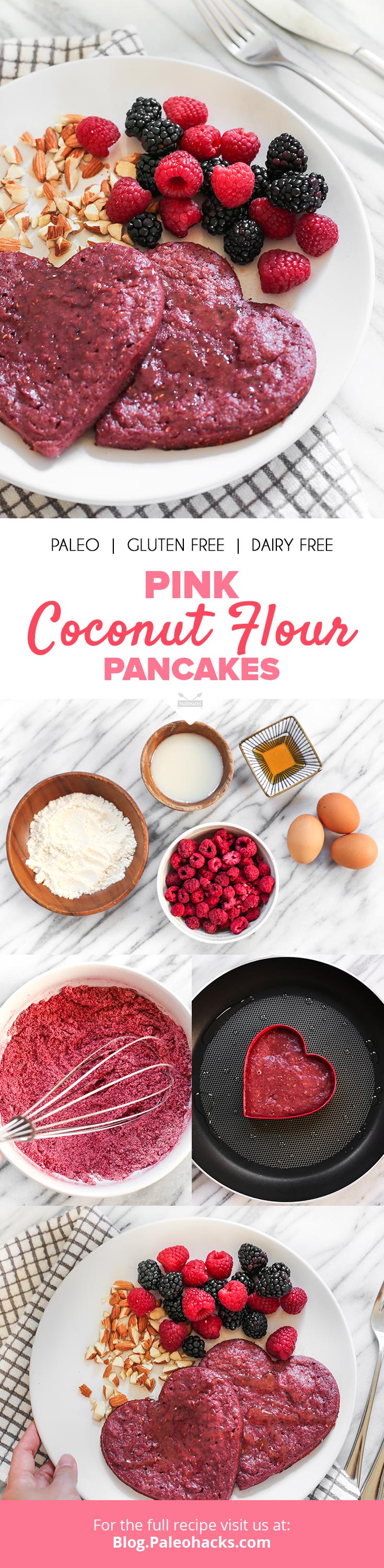 Get your griddle ready for these naturally pink coconut flour pancakes! To get that naturally pink hue, we used beetroot powder.