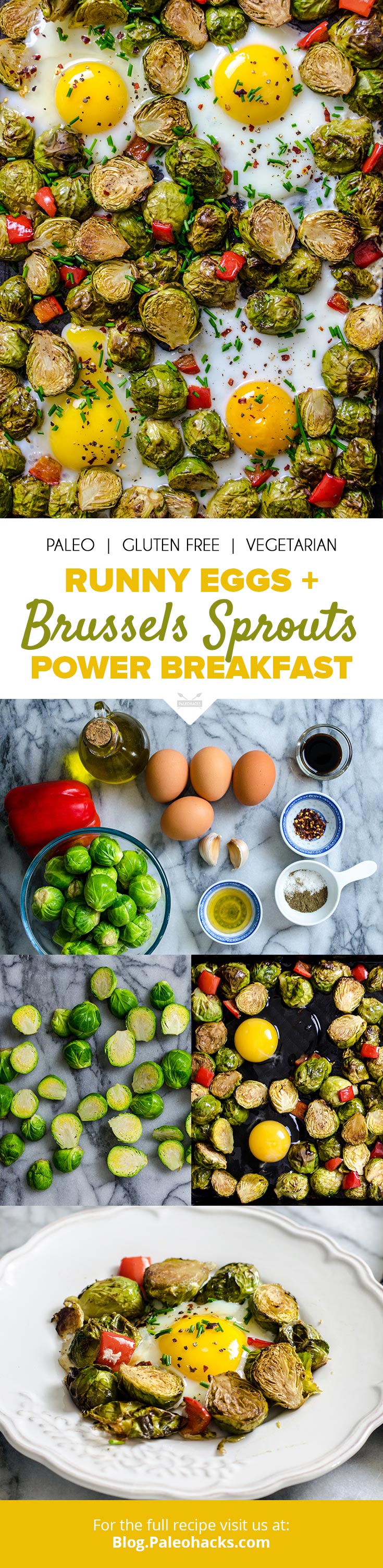 Roast Brussels sprouts, eggs and fresh bell peppers in one tray for an easy breakfast with leftovers to spare.