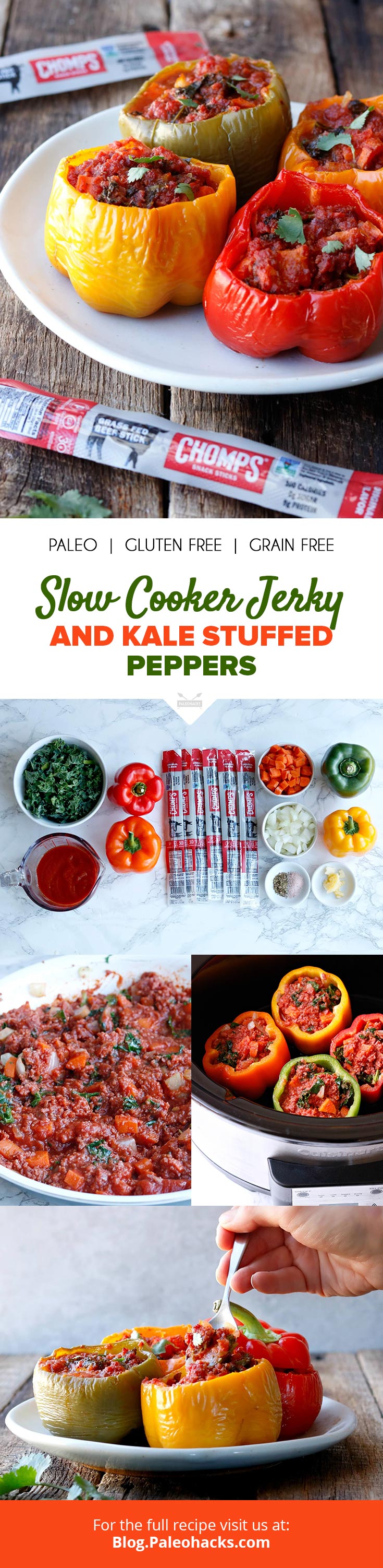 Let your slow cooker do the work while fresh bell peppers stuffed with savory beef jerky and kale simmer in a rich tomato sauce.