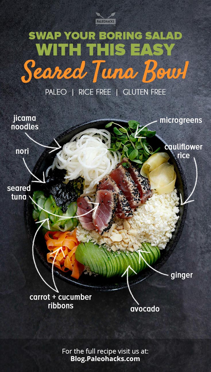 Swap your ho-hum salad for this vibrant bowl filled with fresh veggies and seared sesame tuna. It’s a refreshing, vitamin-packed bowl that satisfies.