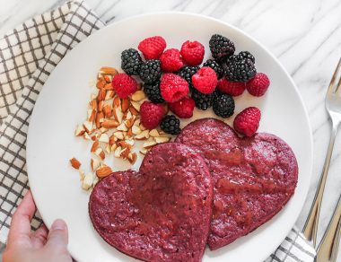 Get your griddle ready for these naturally pink coconut flour pancakes! To get that naturally pink hue, we used beetroot powder.