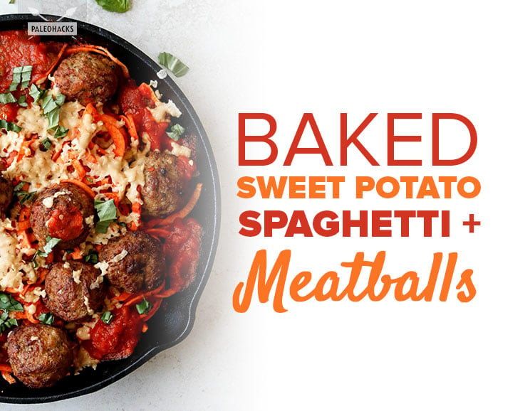 Baked Sweet Potato Spaghetti + Meatballs
