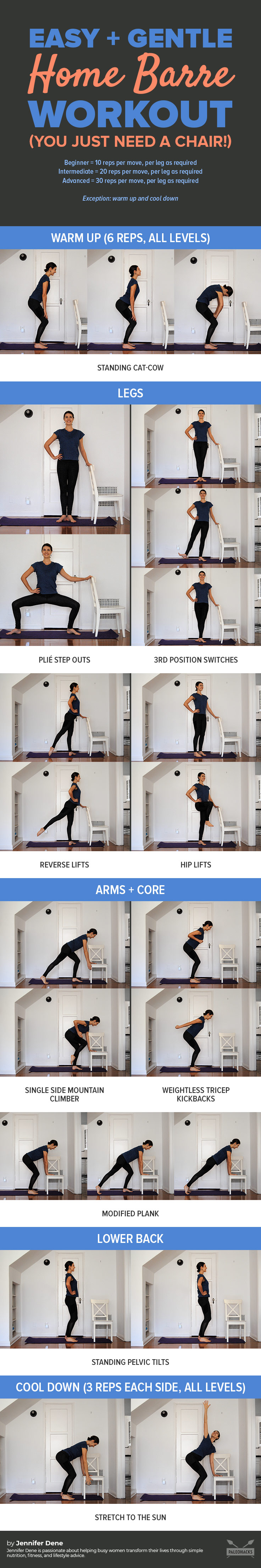 Interested in barre? Grab a chair and try this ballet-inspired barre workout in the comfort of your own home.