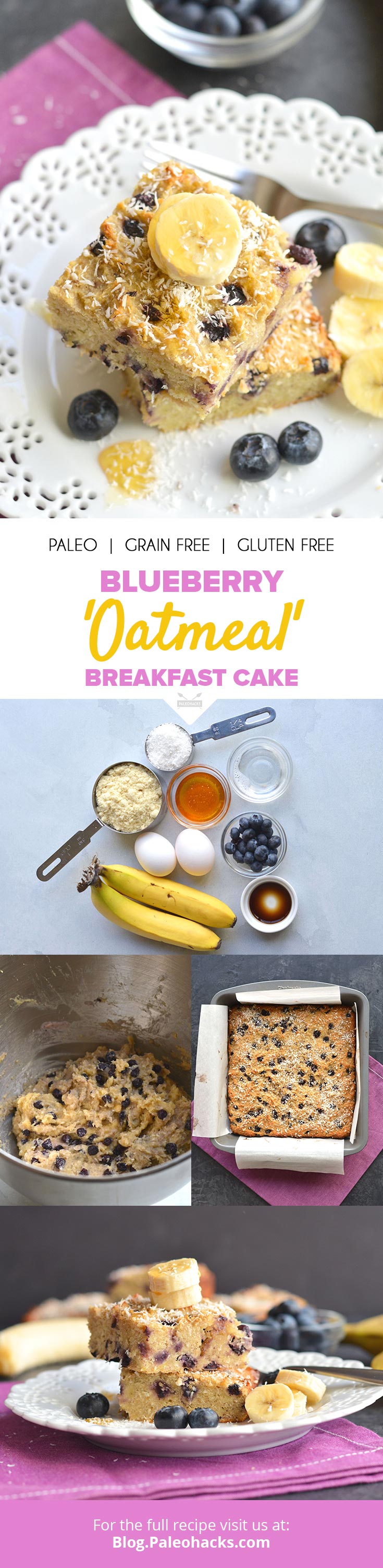 Have cake for breakfast with this grain-free “oatmeal” cake bursting with sweet blueberries!