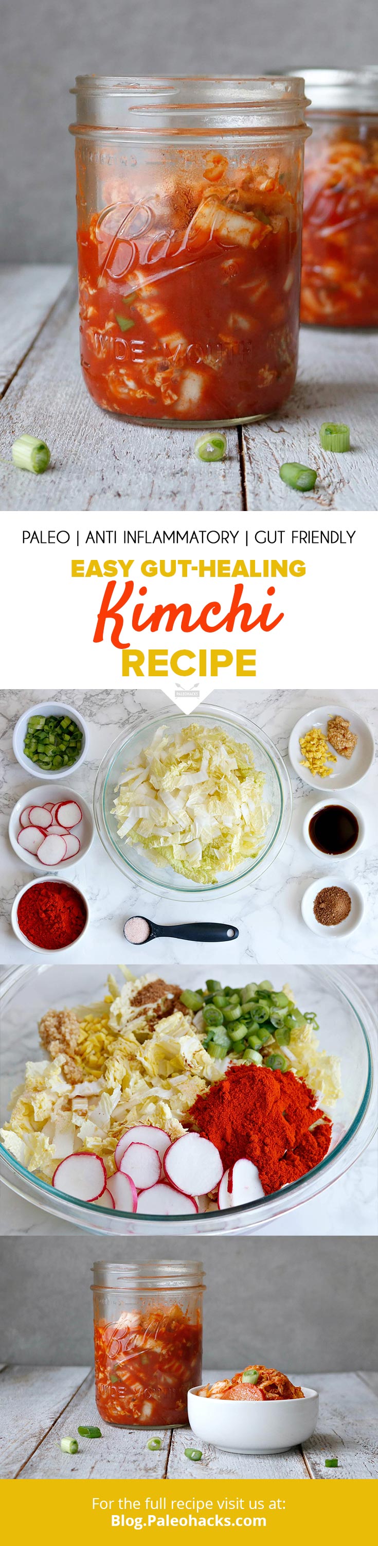 Shredded cabbage ferments with radishes, scallions, and ginger for a homemade, Paleo-friendly kimchi rich in gut-healing probiotics.