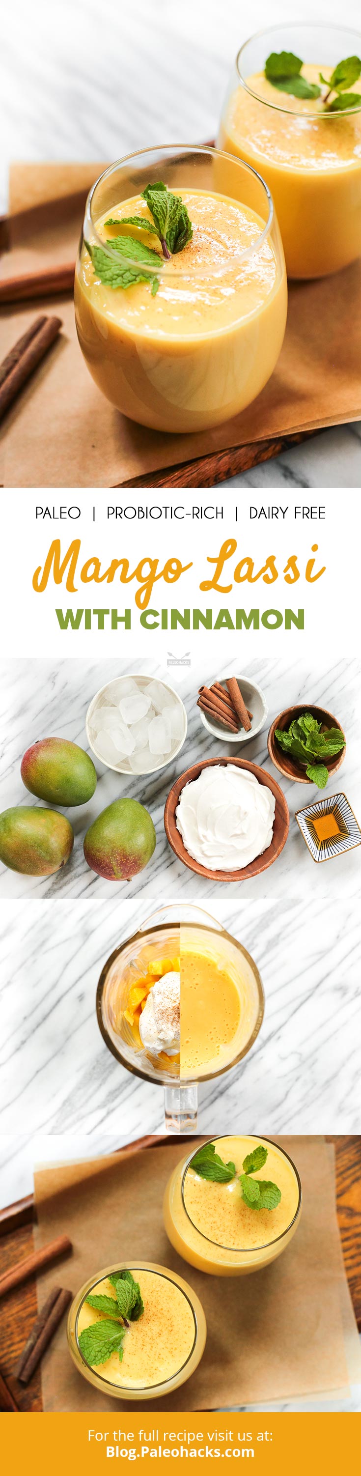 Pour yourself a refreshing glass of this dairy-free Paleo mango lassi. Lassi is an Indian drink made from a blend of creamy yogurt, sweet mango, and spices.