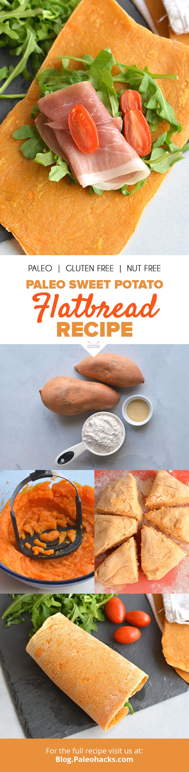 This 4-ingredient sweet potato flatbread is nut-free, dairy-free, and gluten-free for an allergy-friendly recipe. Roll it up, dip it into hummus or pile it high with your favorite pizza toppings!