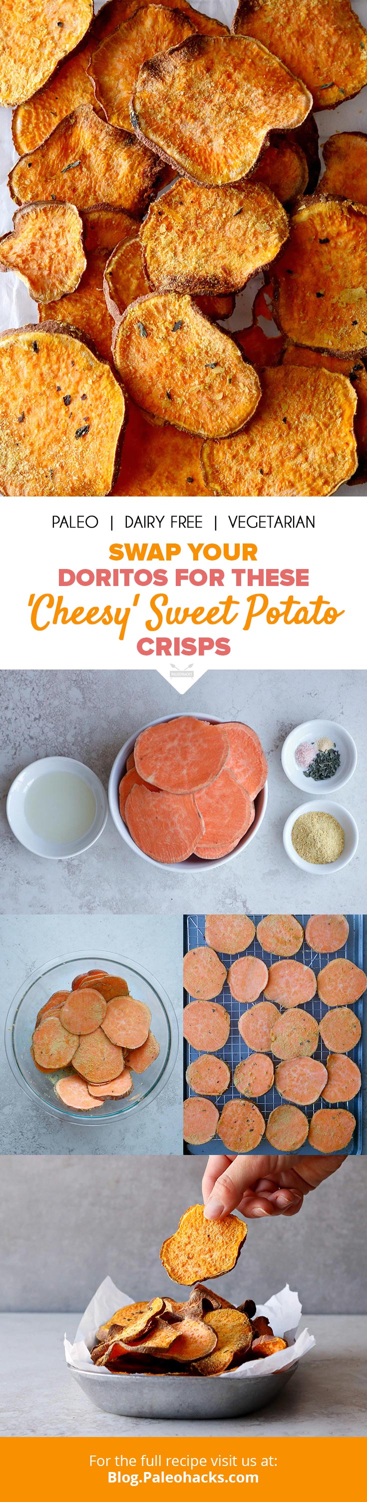 Craving potato chips? These sweet potato crisps are coated in cheesy nutritional yeast and dried herbs for flavorful munchies with no frying necessary.