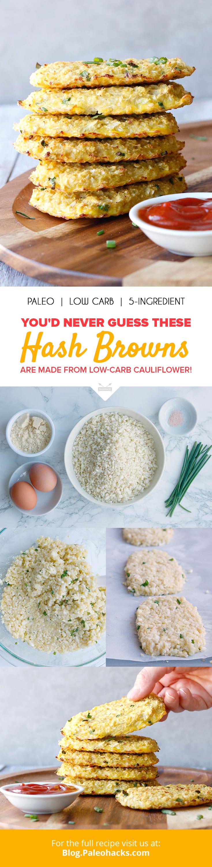 Miss the crisp texture of carb-heavy potato hash browns? Swap out your potatoes for healthy cauliflower in these crispy, chive-studded hash browns.
