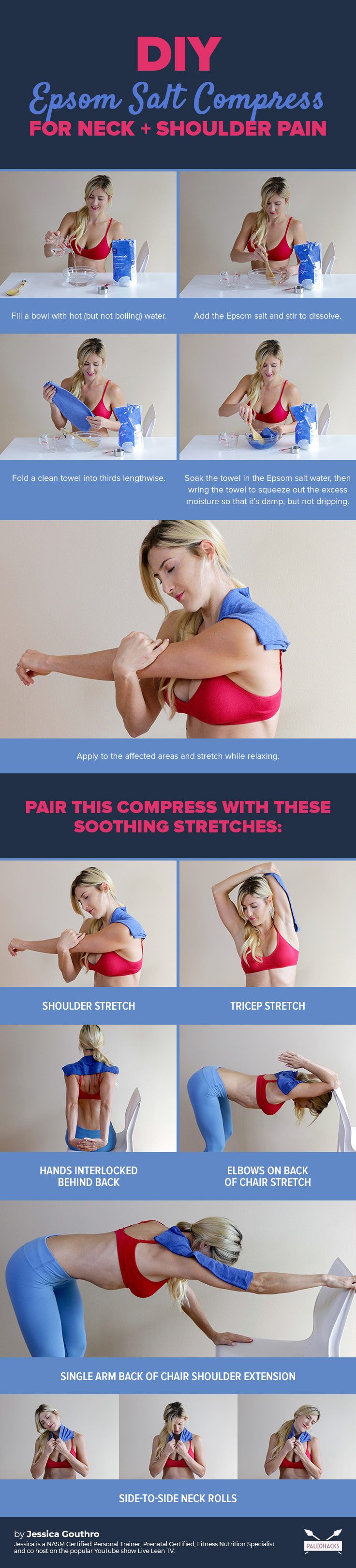To get relief from neck and shoulder pain, stiffness, or knots, use this DIY Epsom salt compress coupled with a soothing stretch.