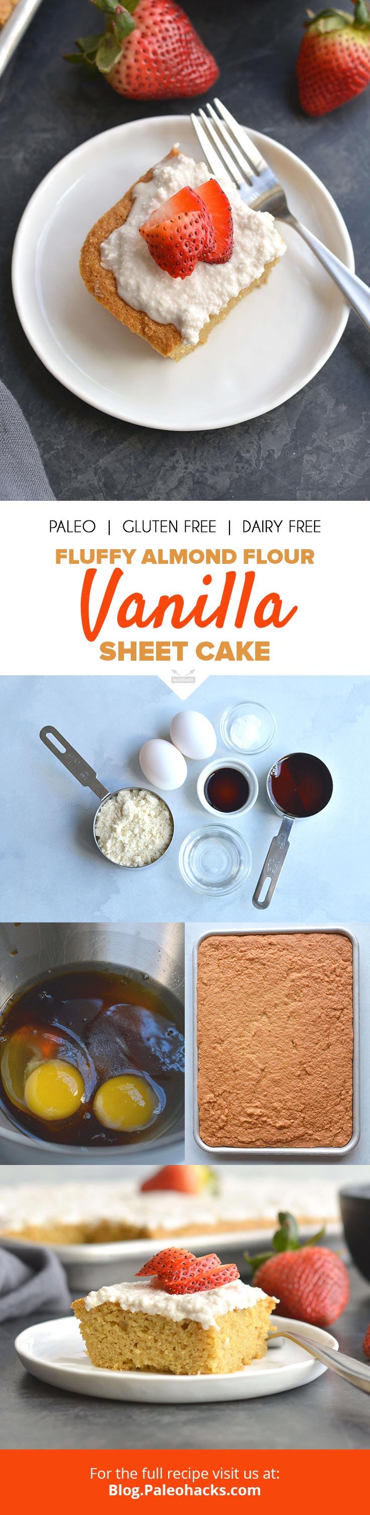 No baking skills required for this easy, 30-minute Paleo Vanilla Cake! You just need a sheet pan and a serious sweet tooth.