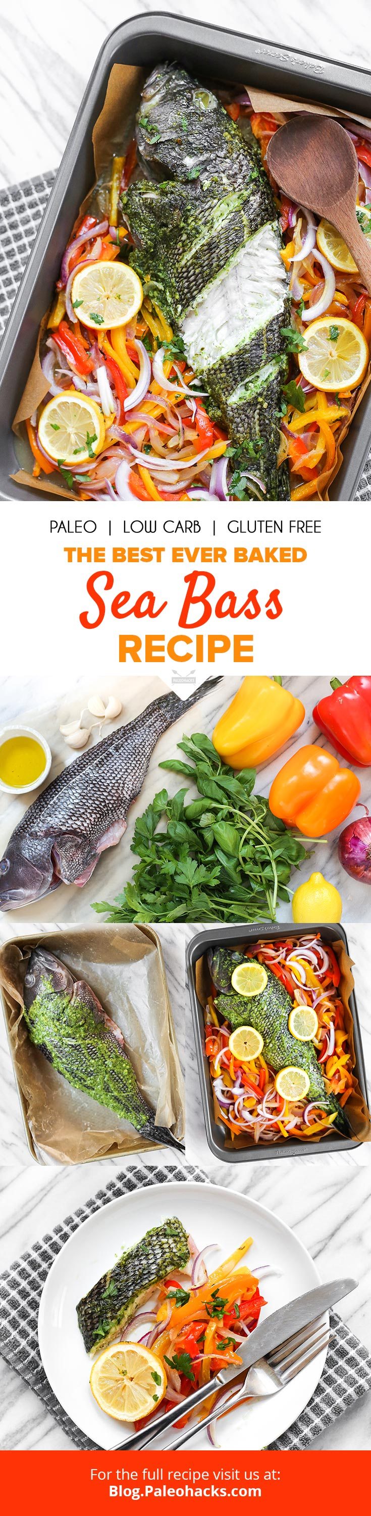 Buttery sea bass gets marinated in a fragrant pesto sauce, set over a bed of colorful veggies, and baked with fresh lemon.