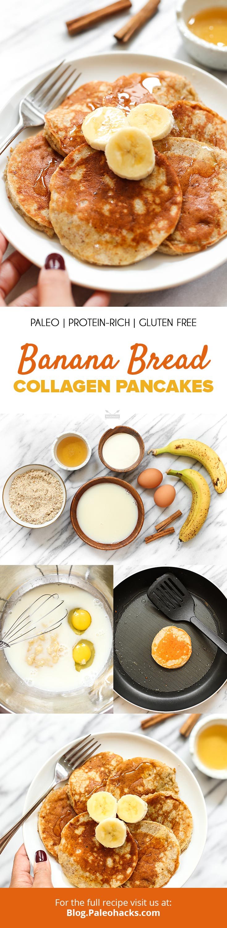 Kick-off your mornings with these all-natural Banana Bread Pancakes with skin-firming collagen and drizzled with raw honey.