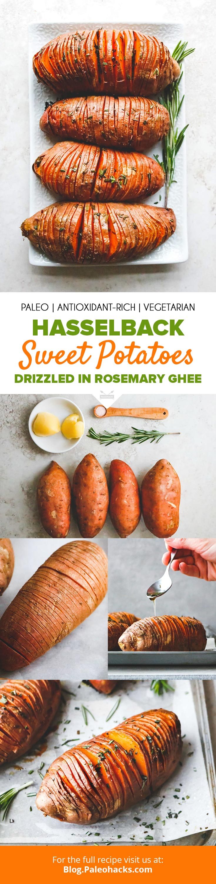 Move over baked potatoes! These Hasselback Sweet Potatoes are thinly sliced and baked to crisp perfection with antioxidant-rich ghee and fresh herbs.