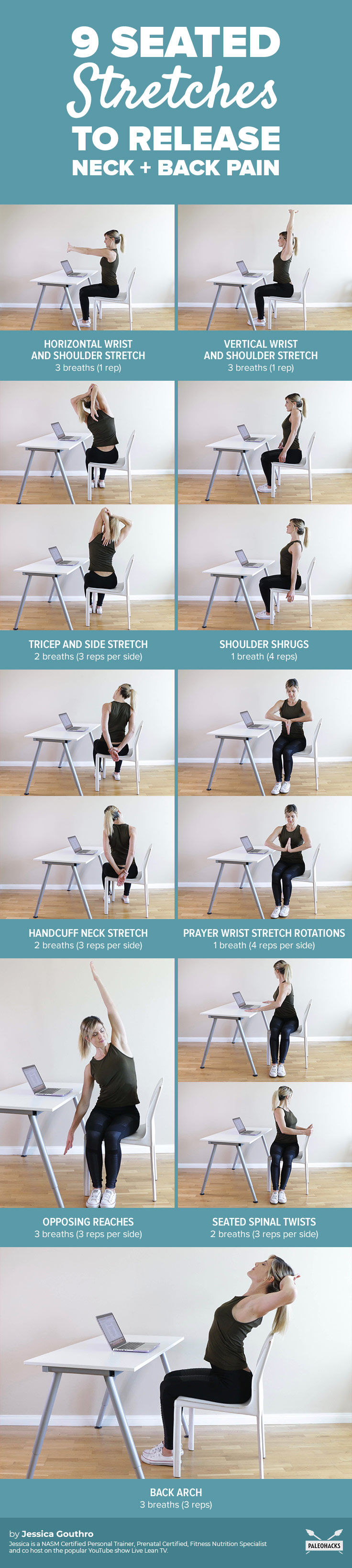 Stuck at your desk all day? Relieve some tension with these nine stretches you can do without even standing up from your chair.