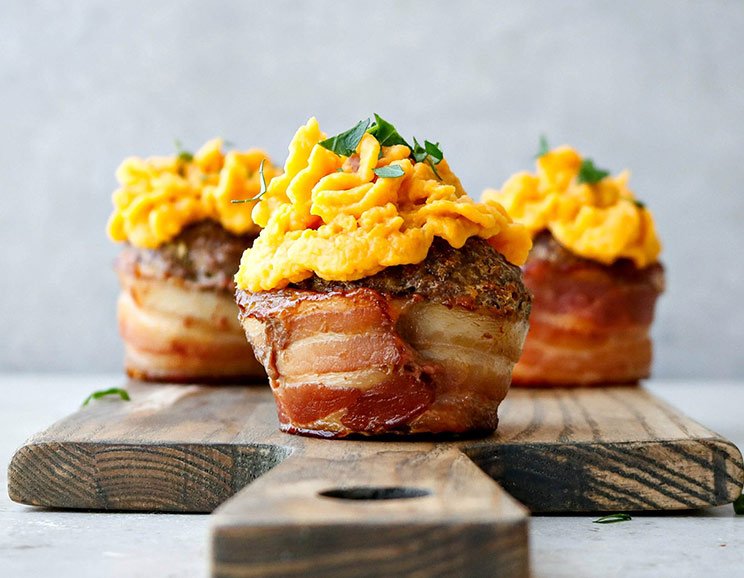 Bacon-Wrapped Meatloaf Cupcakes with Sweet Potato 'Frosting' Recipe
