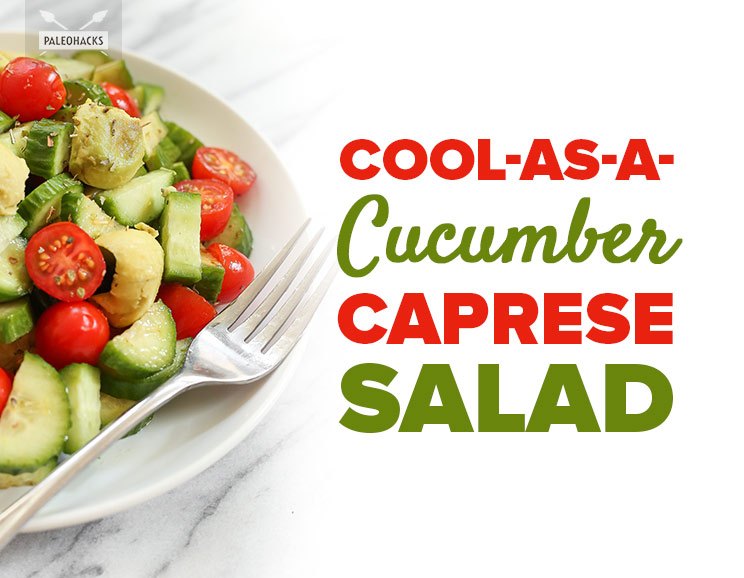This cool cucumber caprese salad is filled with juicy cherry tomatoes and creamy avocado, and takes only a few minutes to toss together.