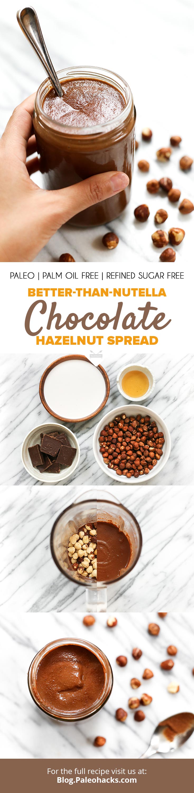 With just four simple ingredients – raw hazelnuts, dark chocolate, raw honey, and coconut milk – this Paleo-approved Nutella is free from harmful preservatives, gluten, and dairy.