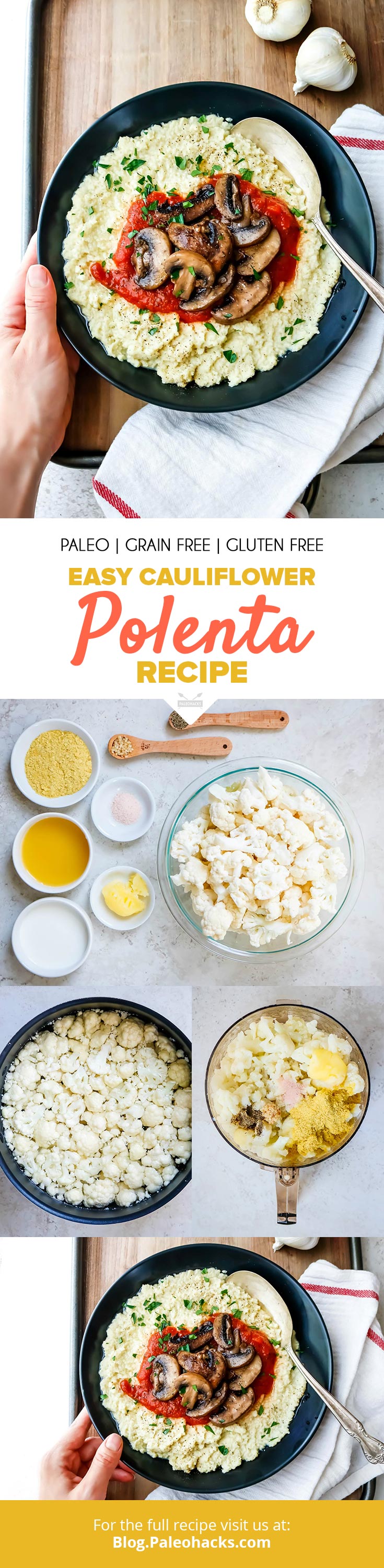 Bring comfort food to a whole new level with this grain-free Cauliflower Polenta. Not too many carbs, not too much work. This porridge is just right.