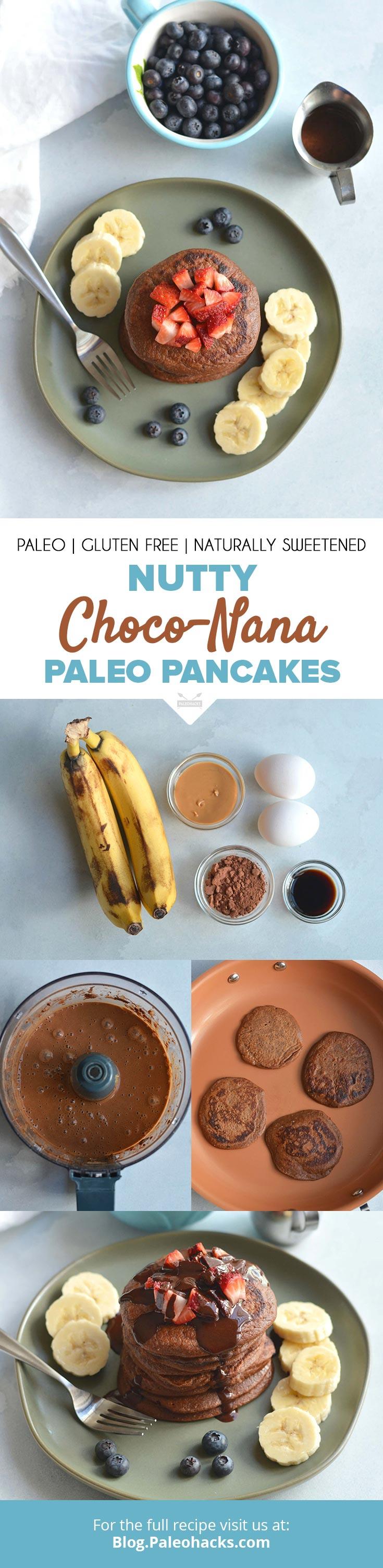 Craving chocolate in the morning? Try these Nutty Choco-Nana Paleo Pancakes you can make in just 15 minutes.