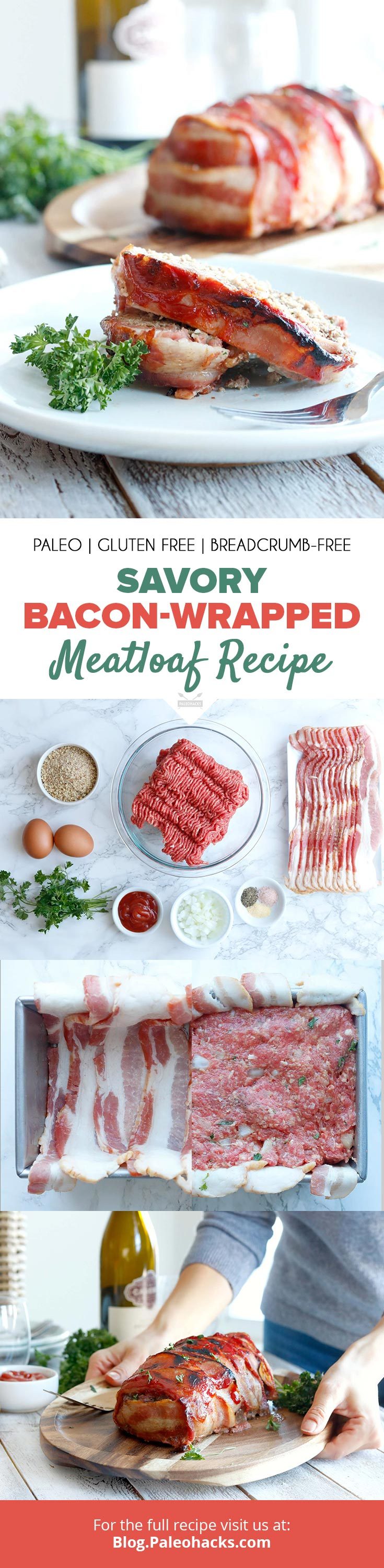 Savory meatloaf gets wrapped in smoky bacon and slathered with Paleo ketchup for a meal your family will love.