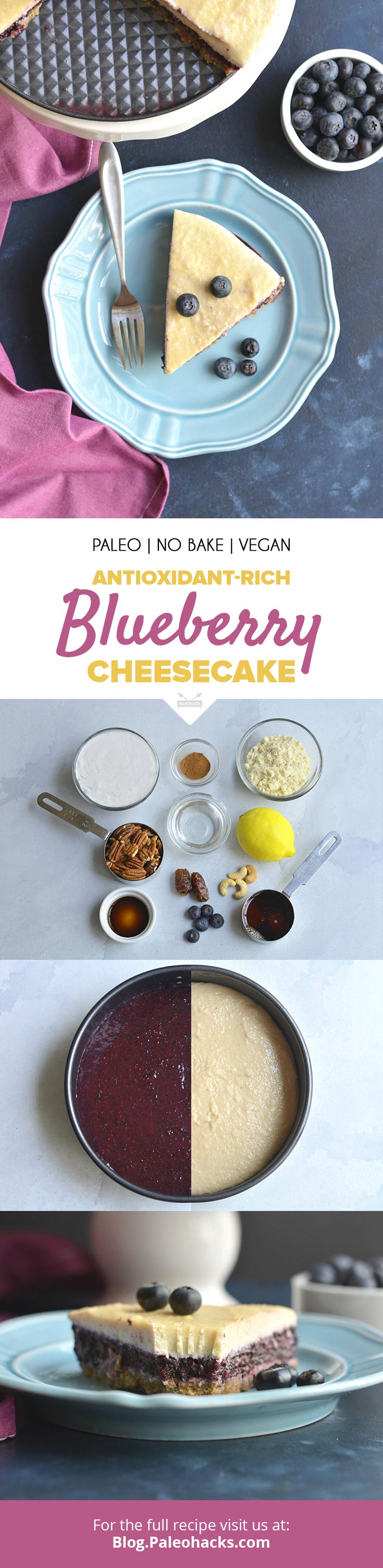 Whip up this three-layer Blueberry Cheesecake for a dessert loaded with antioxidant-rich nutrients. Slice up a piece and fill your day with joy.