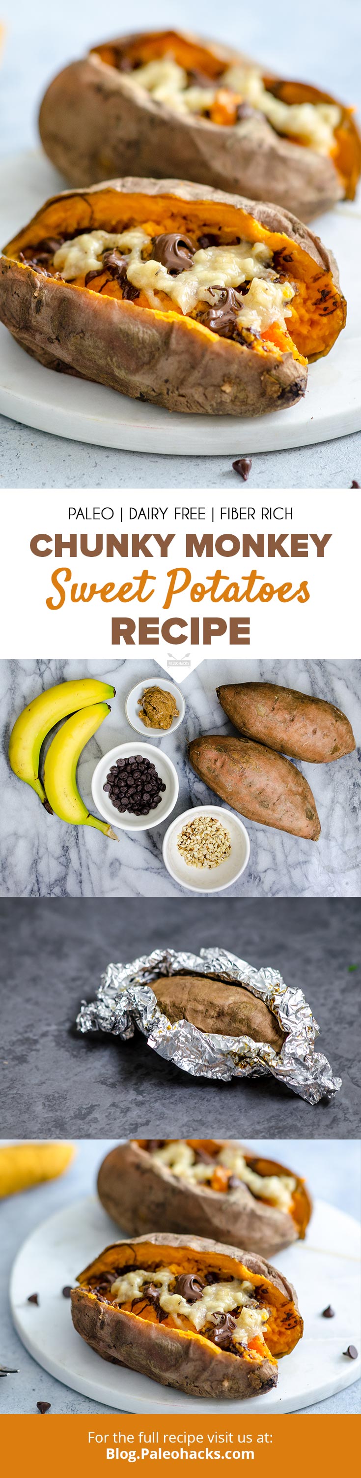 Satisfy your sweet tooth with Chunky Monkey Sweet Potatoes loaded with sliced bananas and dark chocolate.