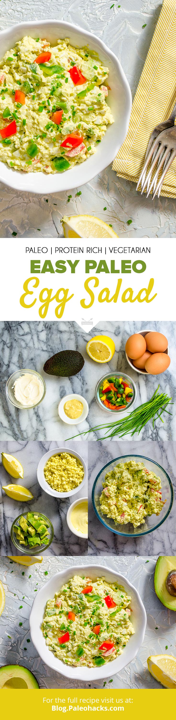 Paleo Egg Salad with creamy avocado and onion-y chives. It’s great as a filling snack, lunch on the go, or as a healthy dish to bring to a picnic.